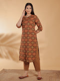 Aramya Straight Soft Cotton Geometric Print Women's Kurta Set - Brown