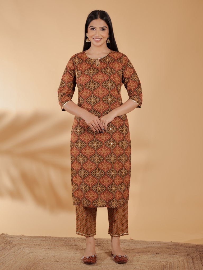 Aramya Straight Soft Cotton Geometric Print Women's Kurta - Brown