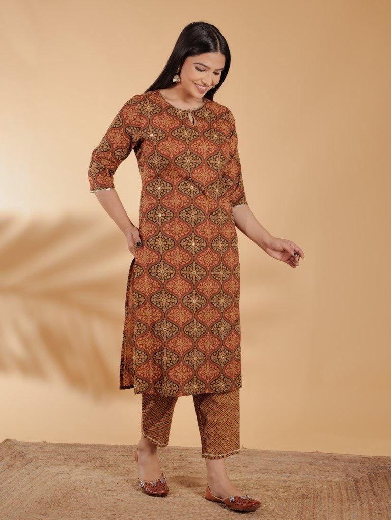 Aramya Straight Soft Cotton Geometric Print Women's Kurta Set - Brown