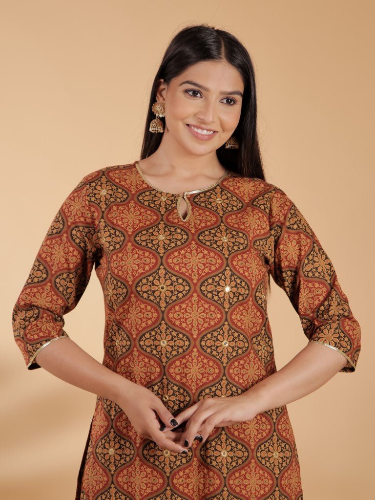 Aramya Straight Soft Cotton Geometric Print Women's Kurta Set - Brown
