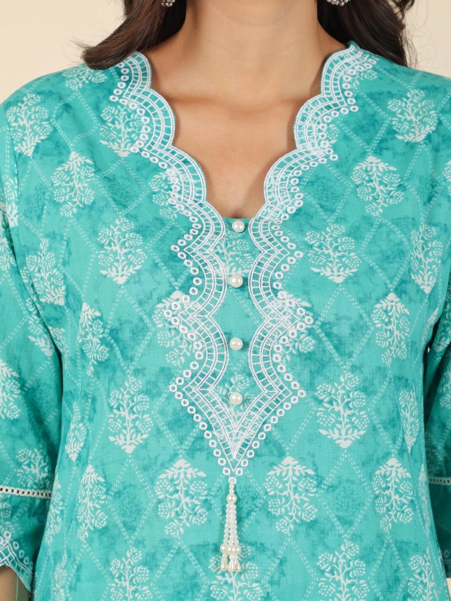 Aramya Straight Soft Cotton Geometric Print Women's Kurta Set - Green