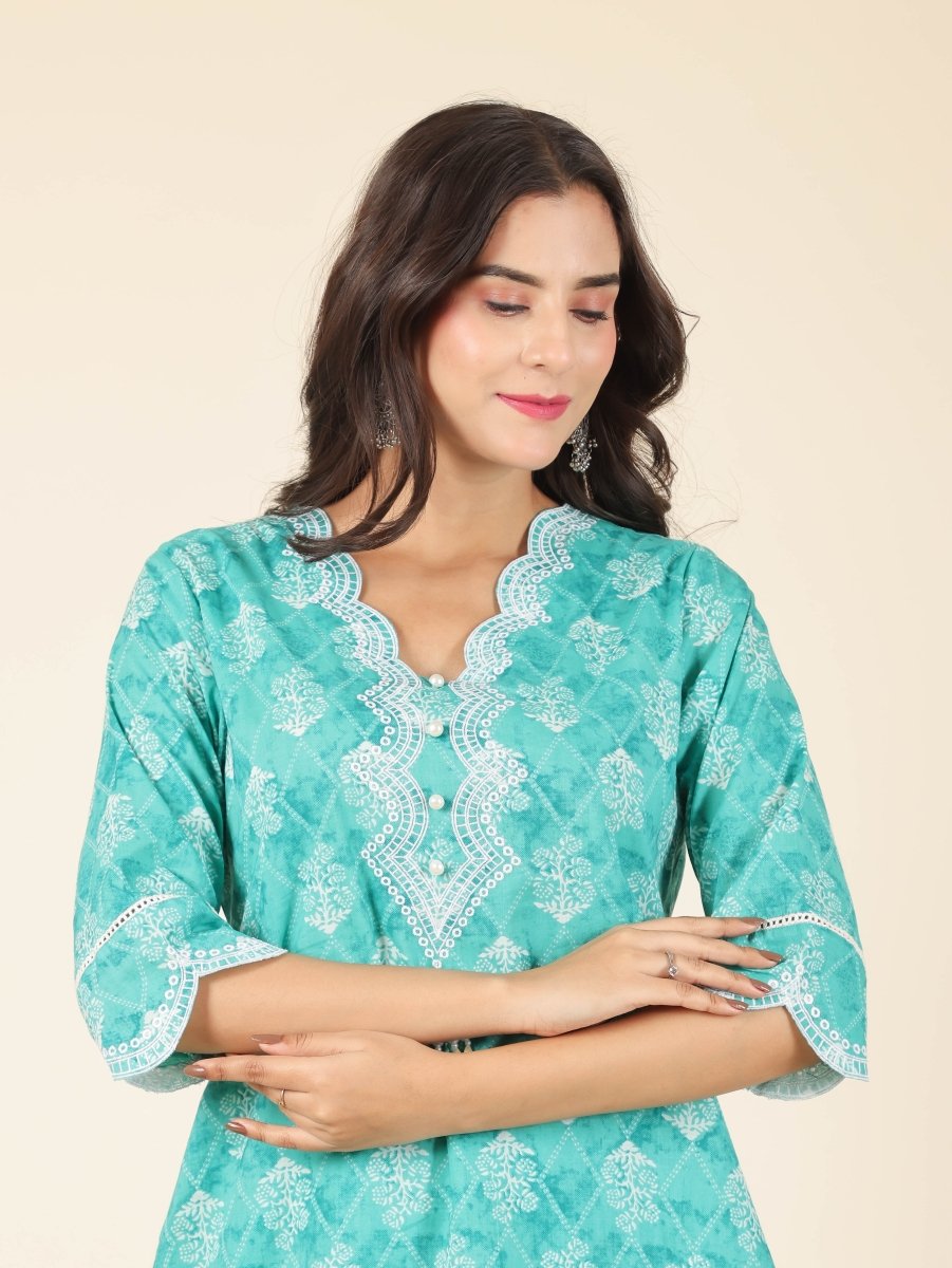 Aramya Straight Soft Cotton Geometric Print Women's Kurta Set - Green