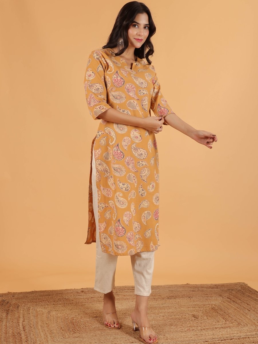 Aramya Straight Linen Cotton Paisley Print Women's Kurta Set - Yellow