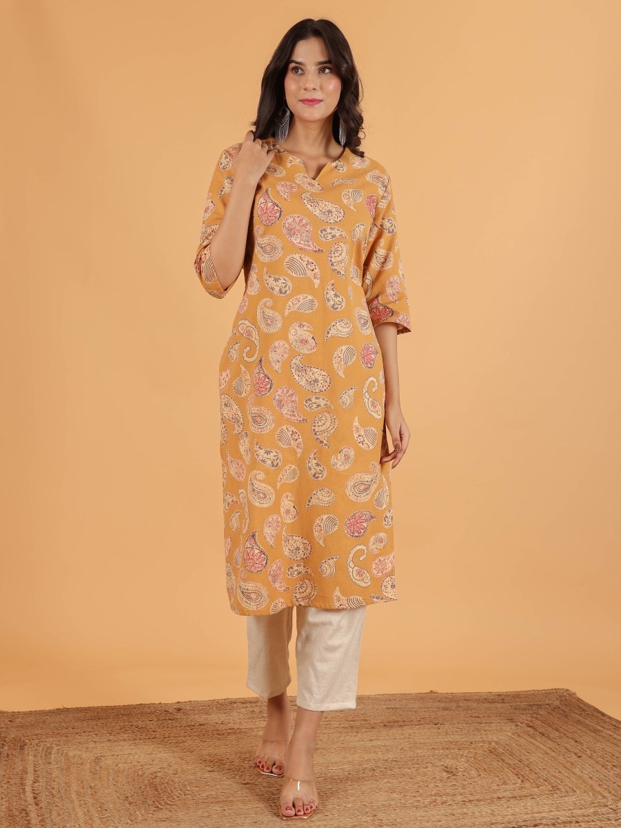 Aramya Straight Linen Cotton Paisley Print Women's Kurta Set - Yellow