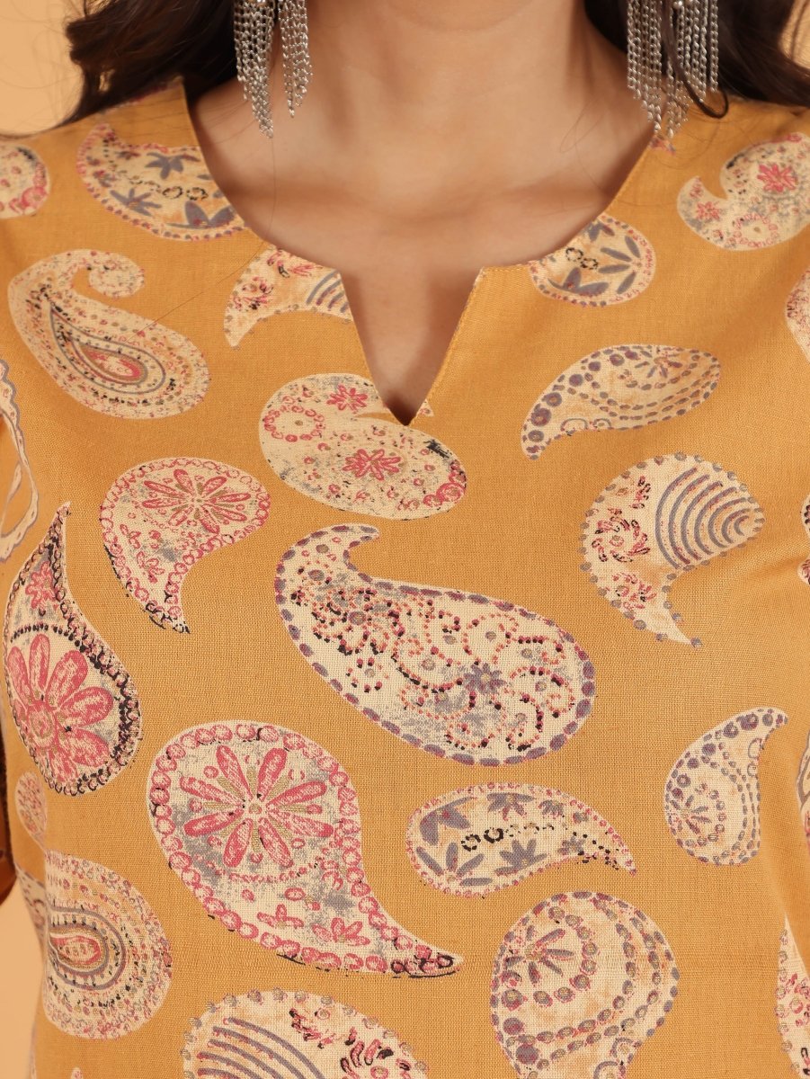Aramya Straight Linen Cotton Paisley Print Women's Kurta Set - Yellow