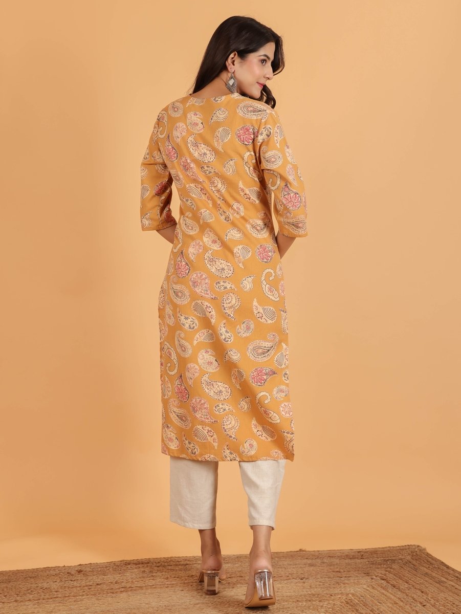 Aramya Straight Linen Cotton Paisley Print Women's Kurta - Yellow