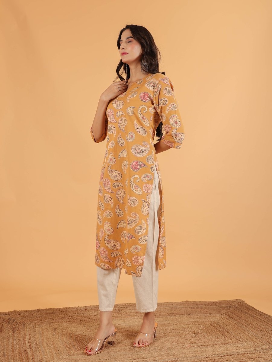Aramya Straight Linen Cotton Paisley Print Women's Kurta - Yellow