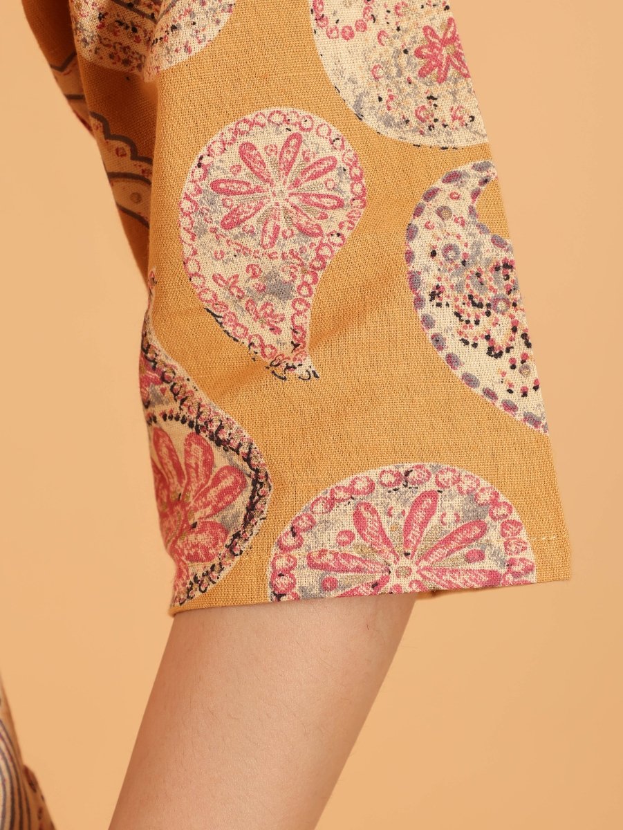 Aramya Straight Linen Cotton Paisley Print Women's Kurta - Yellow