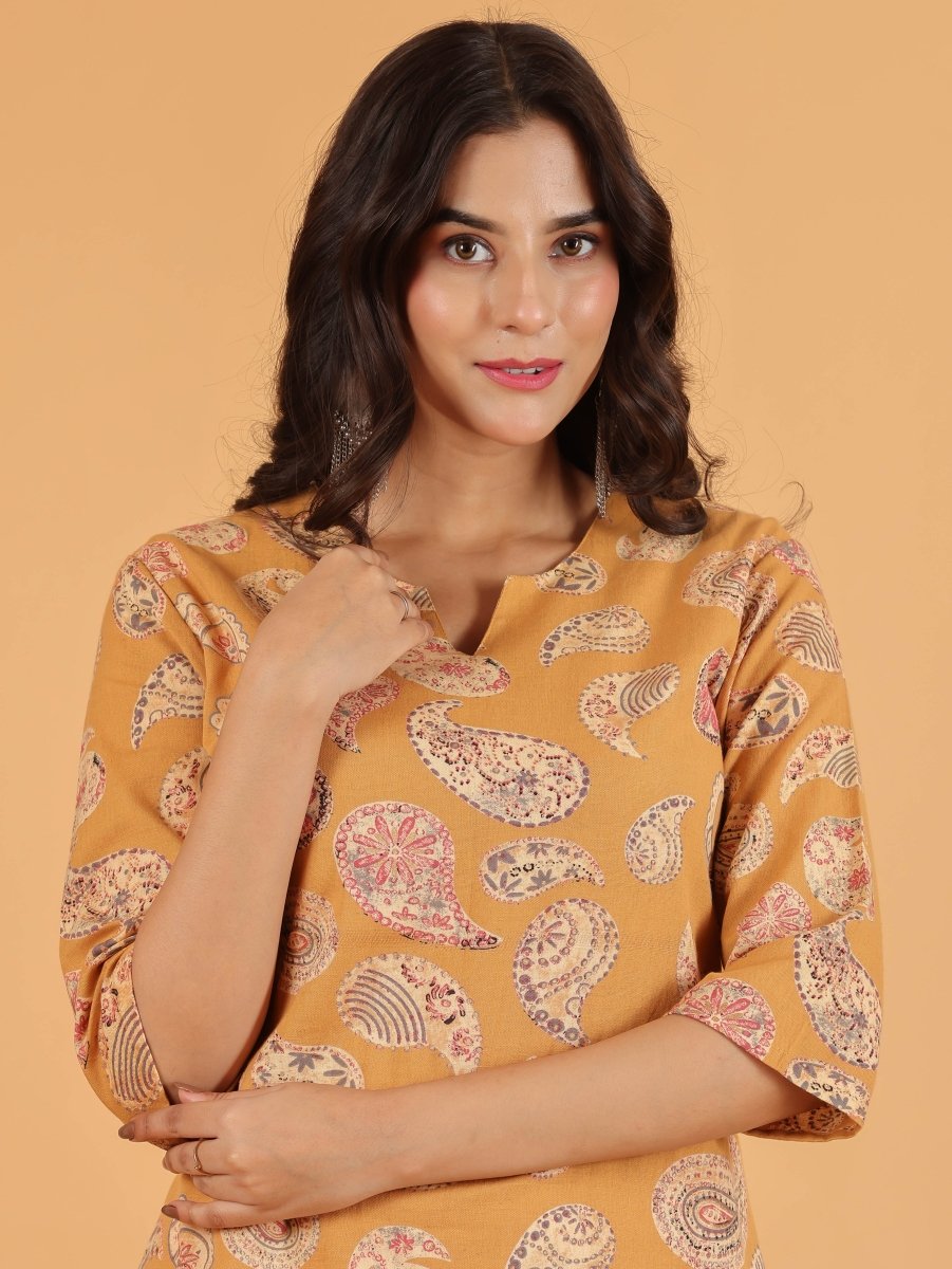 Aramya Straight Linen Cotton Paisley Print Women's Kurta - Yellow
