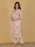 Aramya Straight Linen Cotton Floral Print Women's Kurta Set - Orange