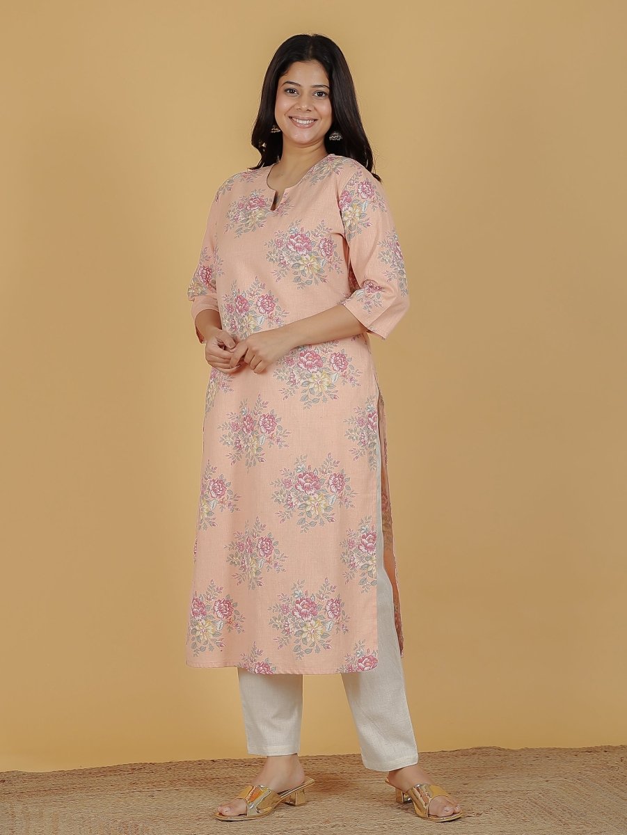 Aramya Straight Linen Cotton Floral Print Women's Kurta Set - Orange