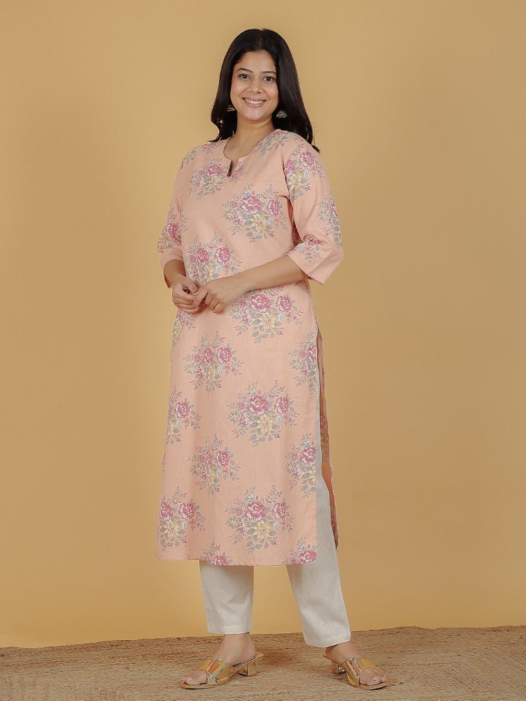 Aramya Straight Linen Cotton Floral Print Women's Kurta - Orange