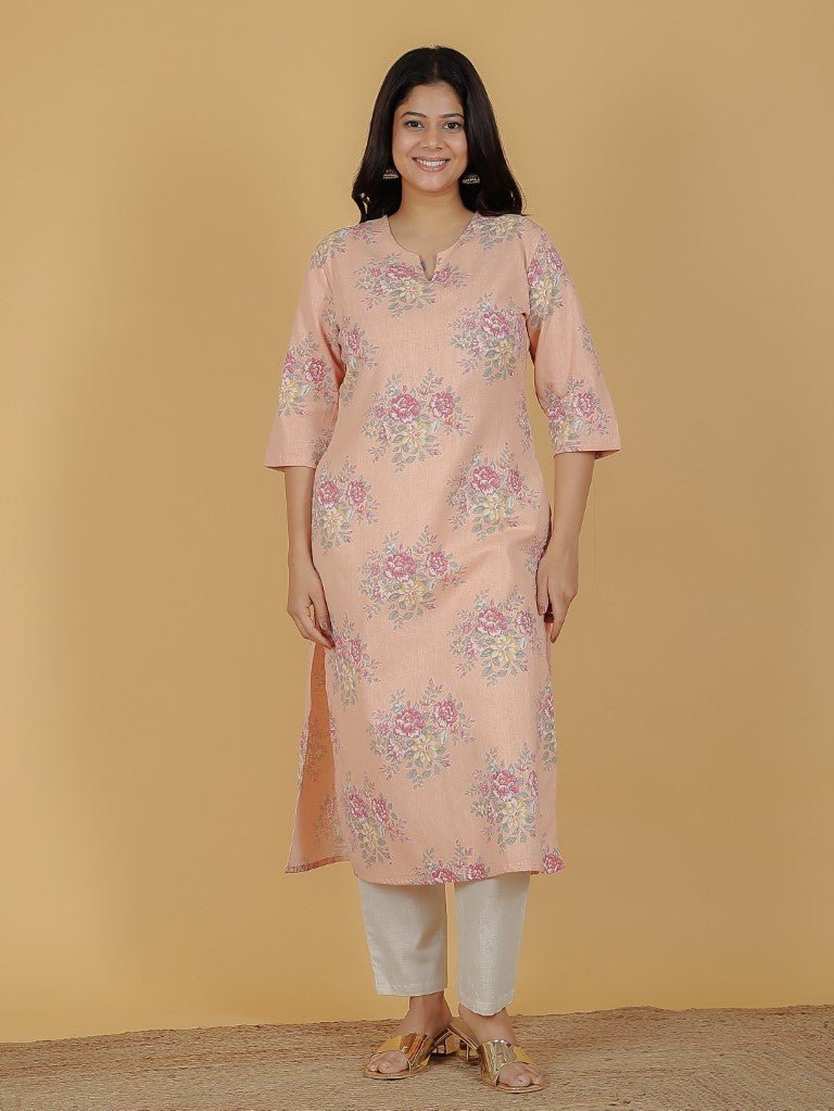Aramya Straight Linen Cotton Floral Print Women's Kurta - Orange