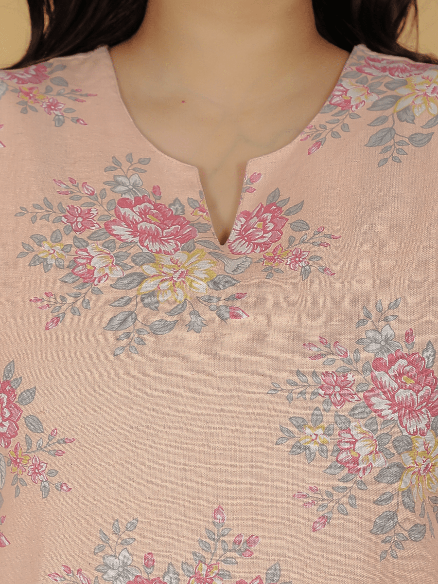 Aramya Straight Linen Cotton Floral Print Women's Kurta Set - Orange