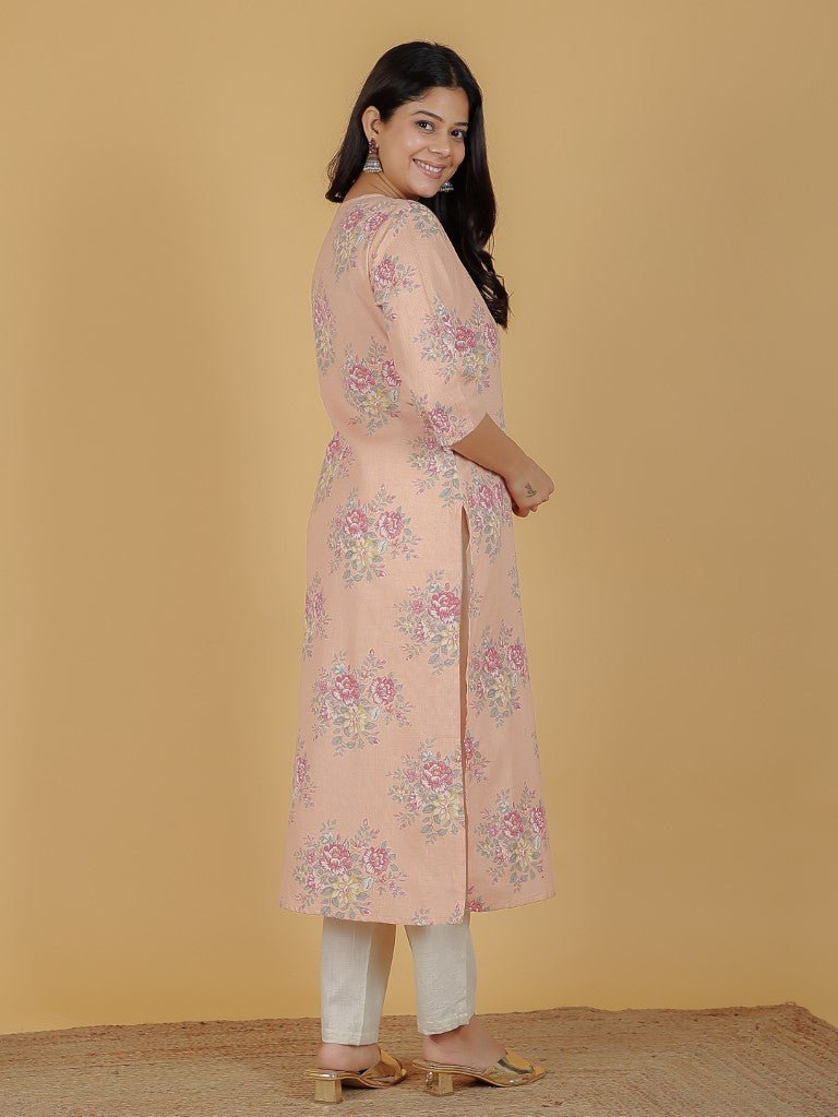 Aramya Straight Linen Cotton Floral Print Women's Kurta - Orange