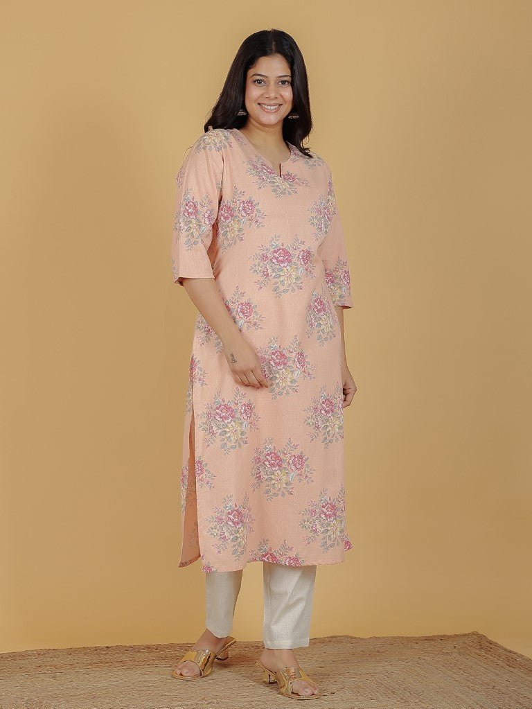 Aramya Straight Linen Cotton Floral Print Women's Kurta - Orange