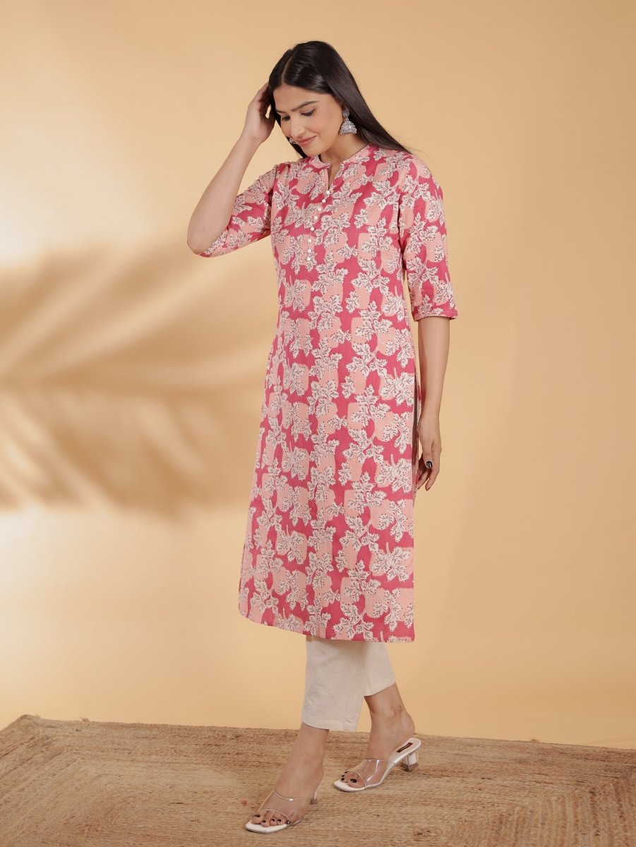 Aramya Straight Linen Cotton Floral Print Women's Kurta - Pink