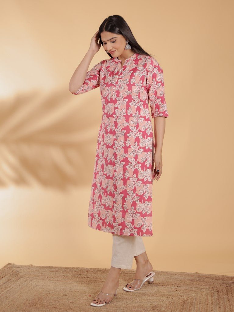 Aramya Straight Linen Cotton Floral Print Women's Kurta Set - Pink