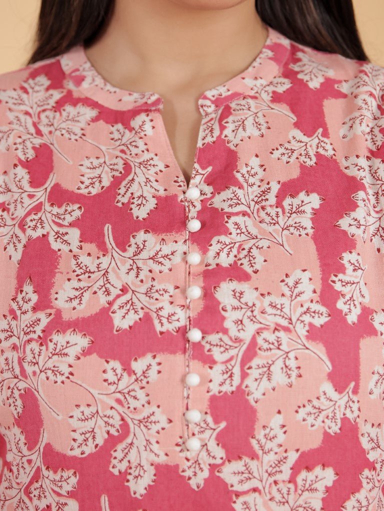 Aramya Straight Linen Cotton Floral Print Women's Kurta Set - Pink