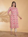 Aramya Straight Linen Cotton Floral Print Women's Kurta Set - Pink