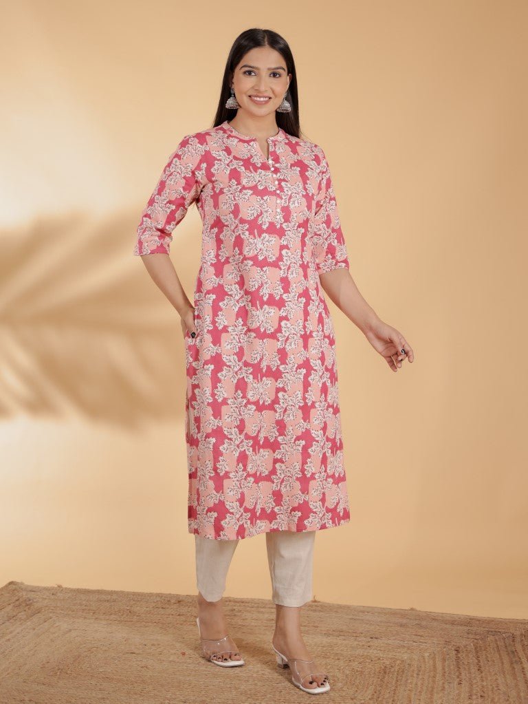 Aramya Straight Linen Cotton Floral Print Women's Kurta Set - Pink