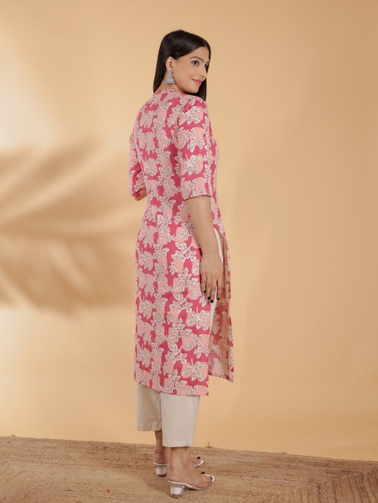 Aramya Straight Linen Cotton Floral Print Women's Kurta Set - Pink
