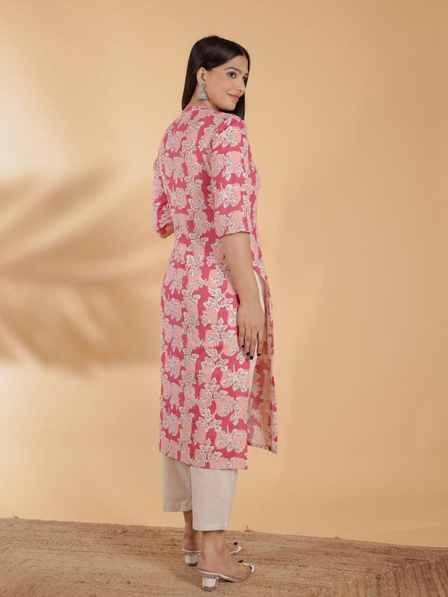 Aramya Straight Linen Cotton Floral Print Women's Kurta - Pink