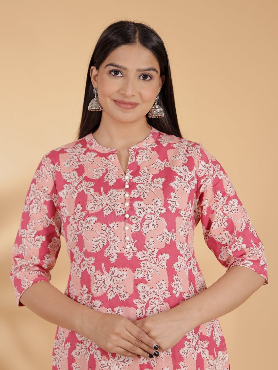 Aramya Straight Linen Cotton Floral Print Women's Kurta - Pink