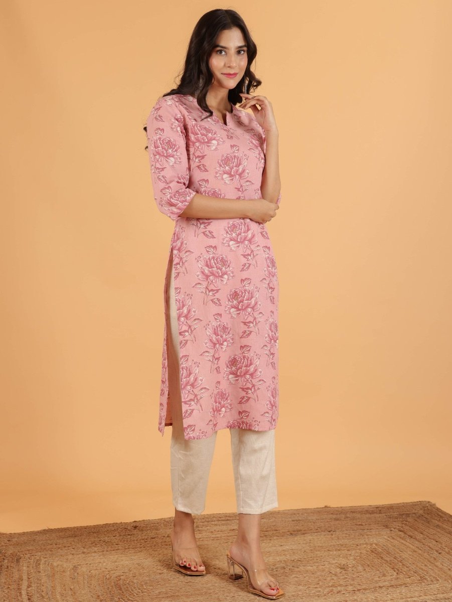 Aramya Straight Linen Cotton Floral Print Women's Kurta - Pink