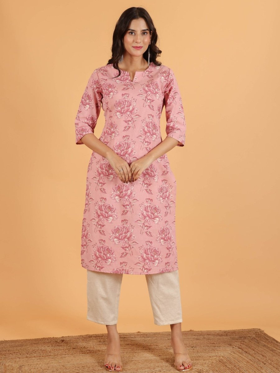 Aramya Straight Linen Cotton Floral Print Women's Kurta - Pink