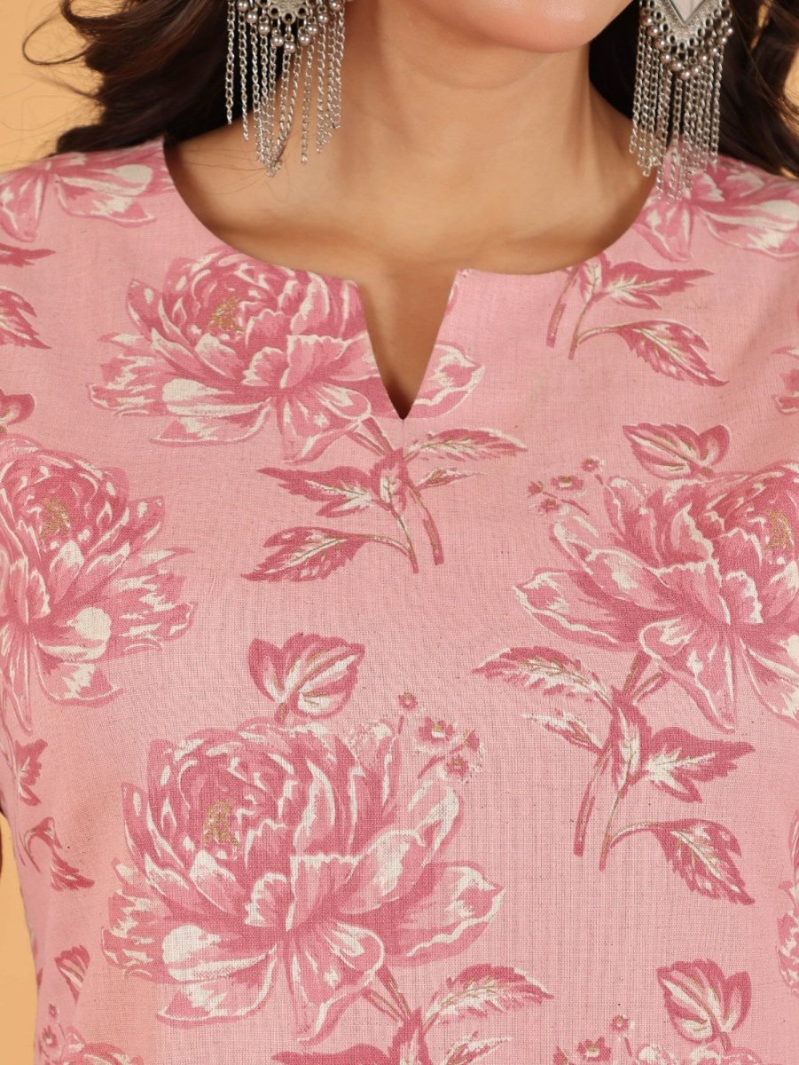 Aramya Straight Linen Cotton Floral Print Women's Kurta - Pink