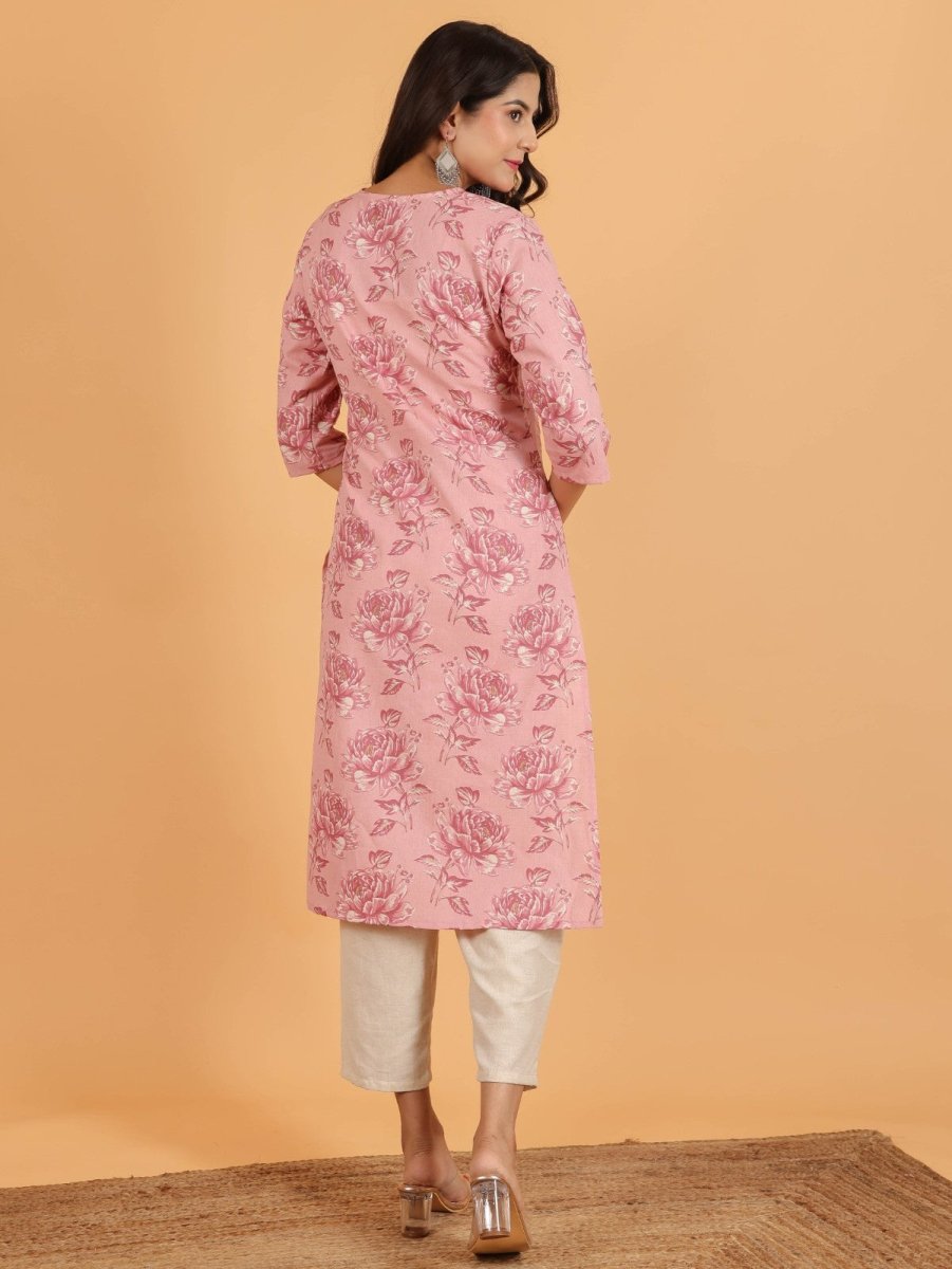 Aramya Straight Linen Cotton Floral Print Women's Kurta Set - Pink