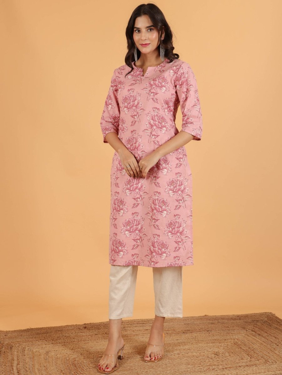 Aramya Straight Linen Cotton Floral Print Women's Kurta Set - Pink