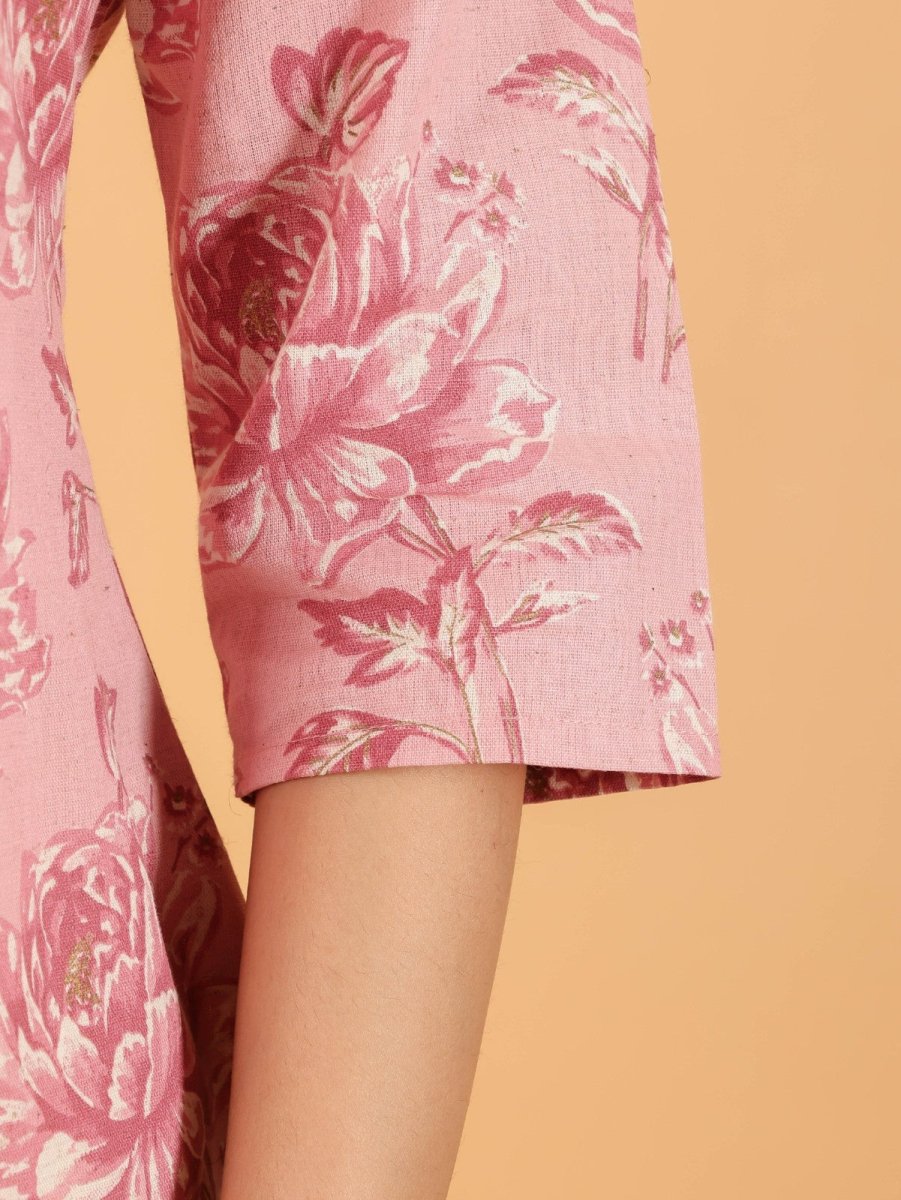 Aramya Straight Linen Cotton Floral Print Women's Kurta - Pink