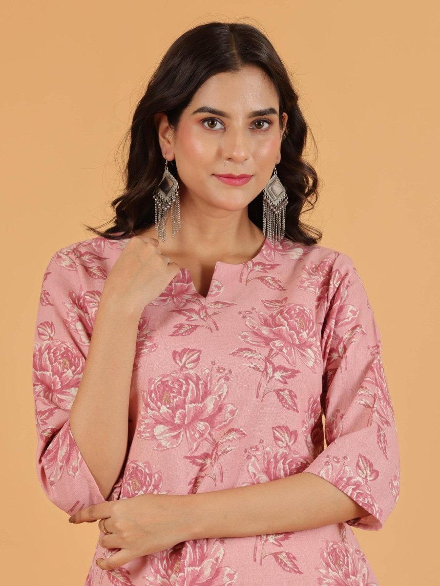 Aramya Straight Linen Cotton Floral Print Women's Kurta Set - Pink