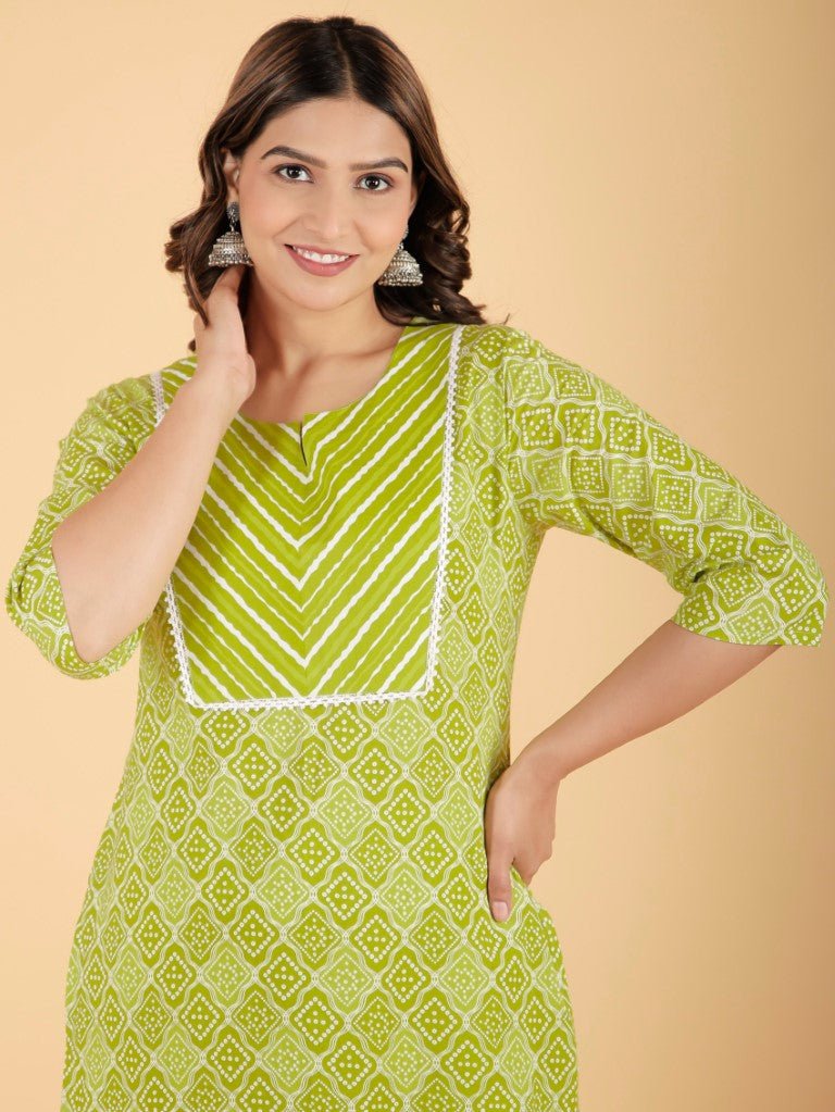 Aramya Straight Soft Cotton Bandhani Print Women's Kurta - Green