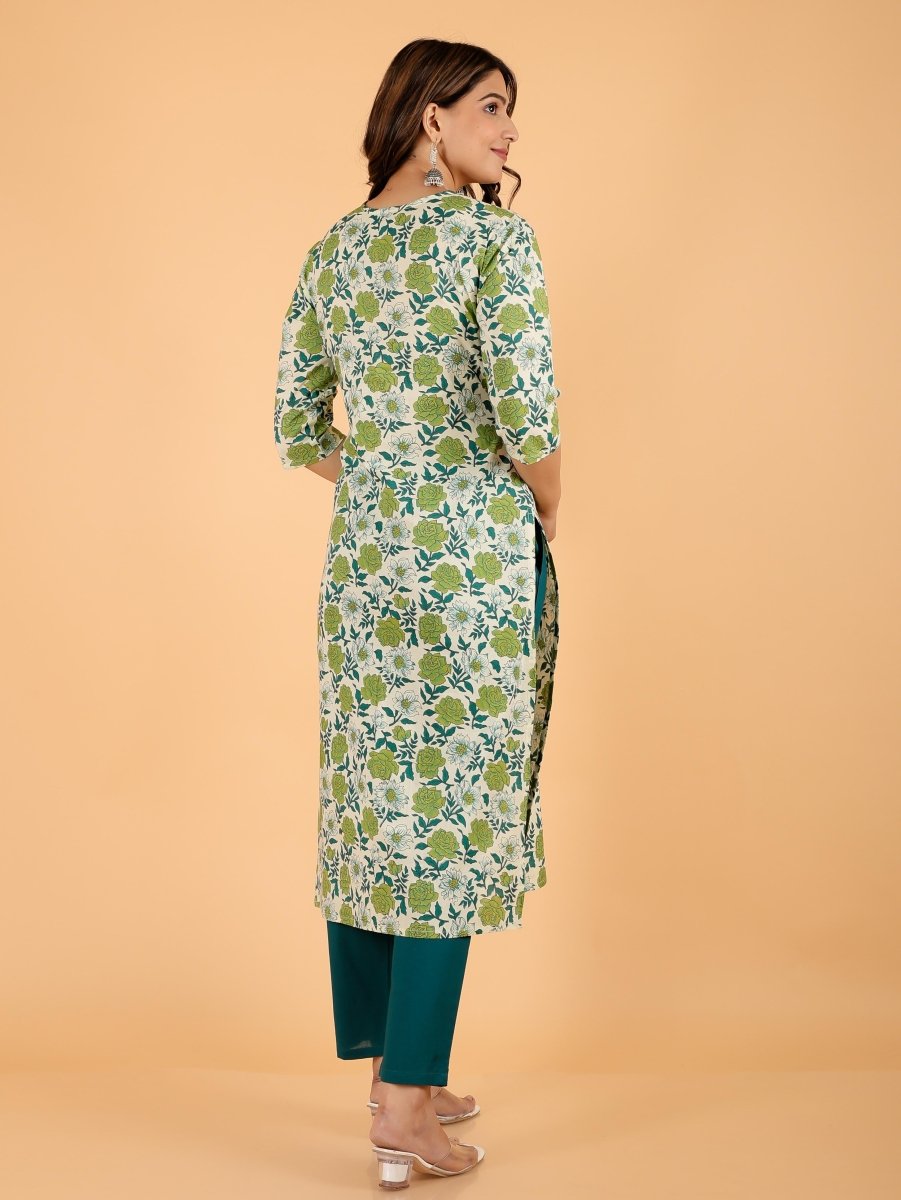 Aramya Straight Soft Cotton Floral Print Women's Kurta Set - Green