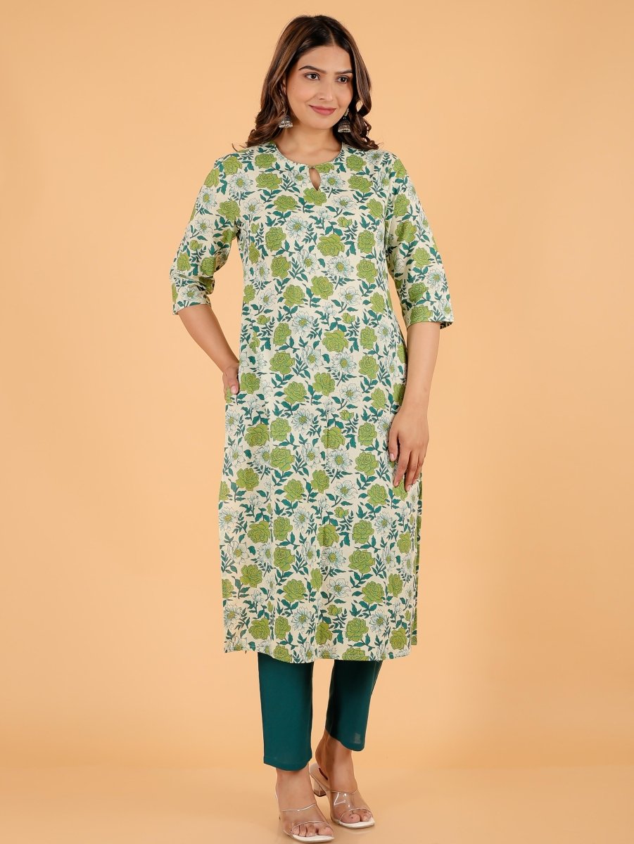 Aramya Straight Soft Cotton Floral Print Women's Kurta - Green