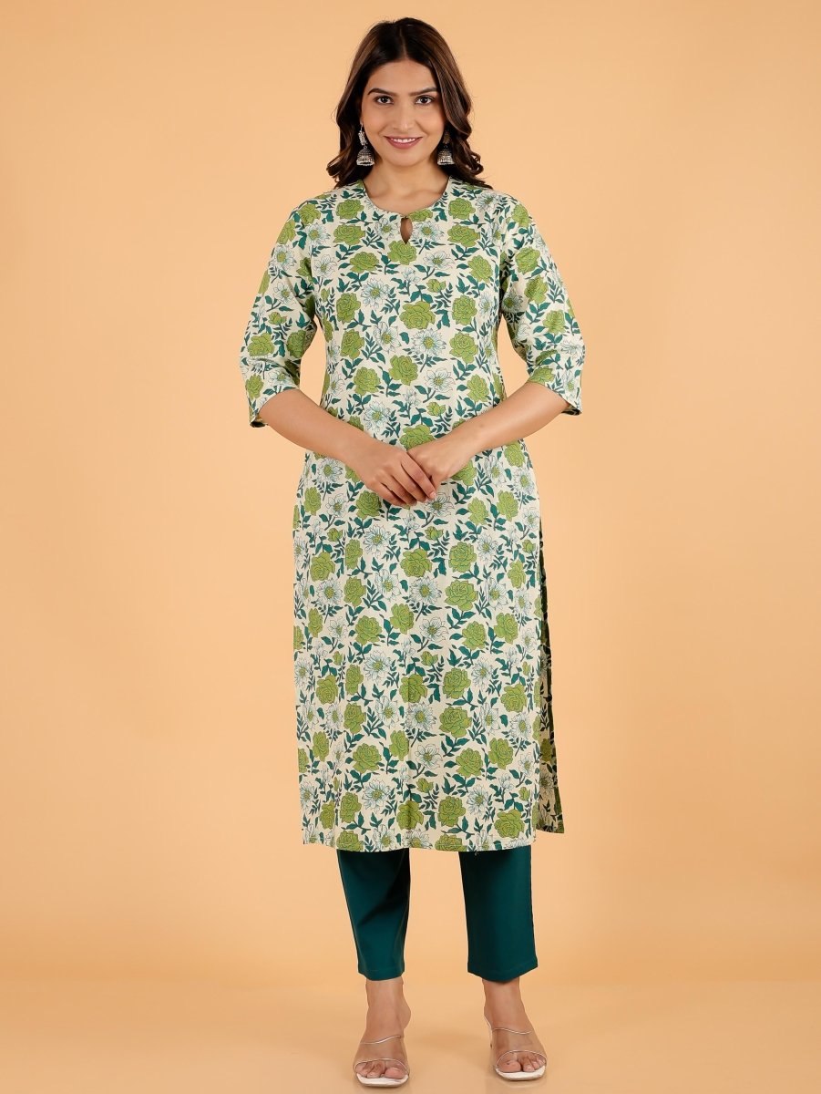 Aramya Straight Soft Cotton Floral Print Women's Kurta - Green