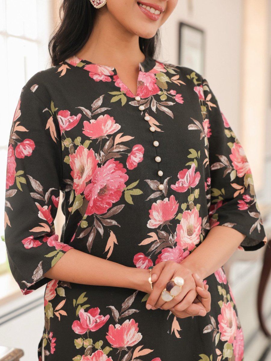 Aramya Straight Linen Cotton Floral Print Women's Kurta - Black
