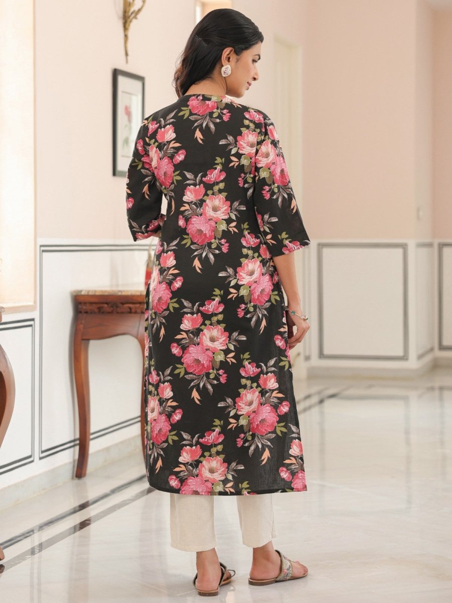 Aramya Straight Linen Cotton Floral Print Women's Kurta - Black