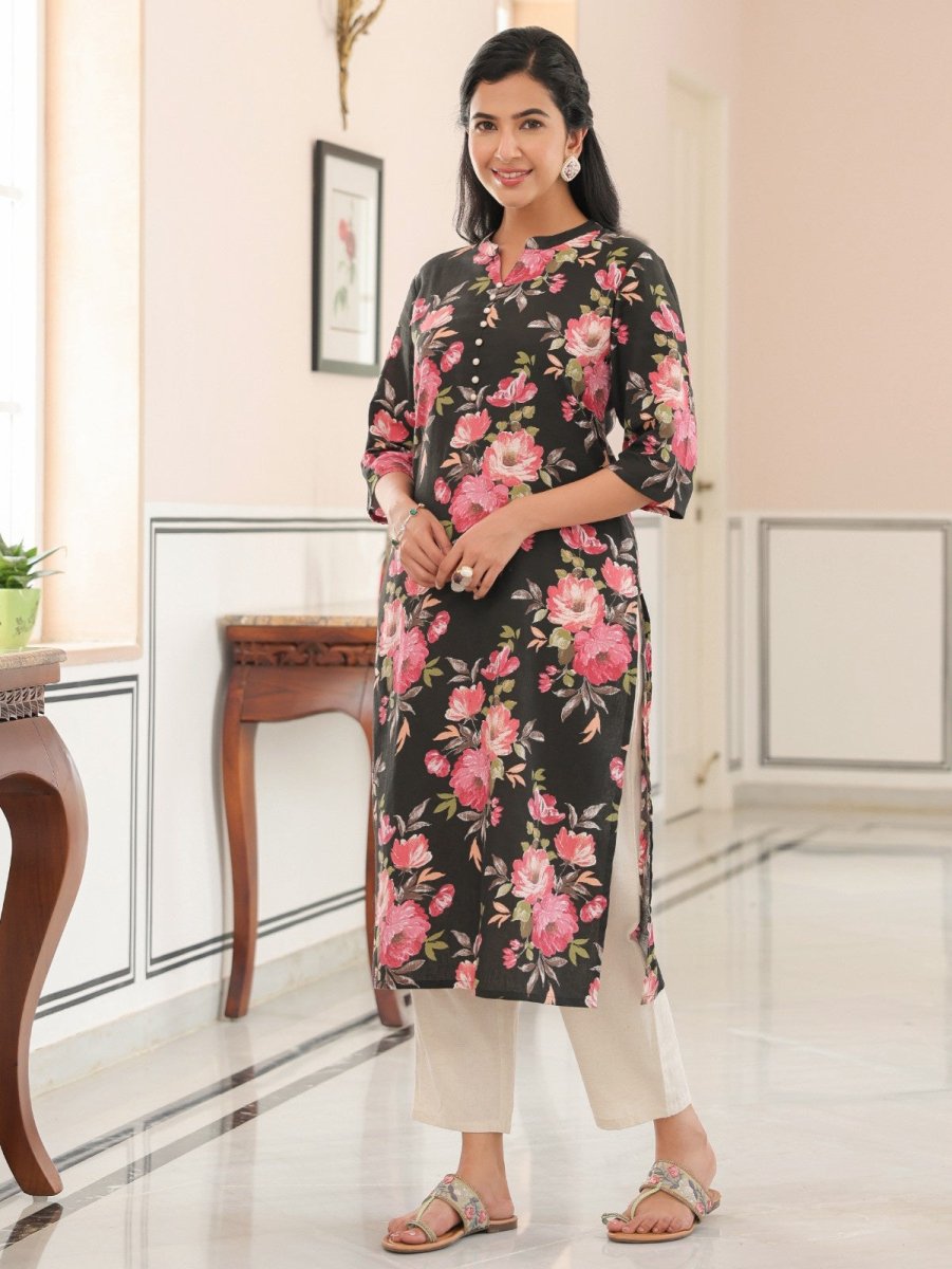 Aramya Straight Linen Cotton Floral Print Women's Kurta - Black