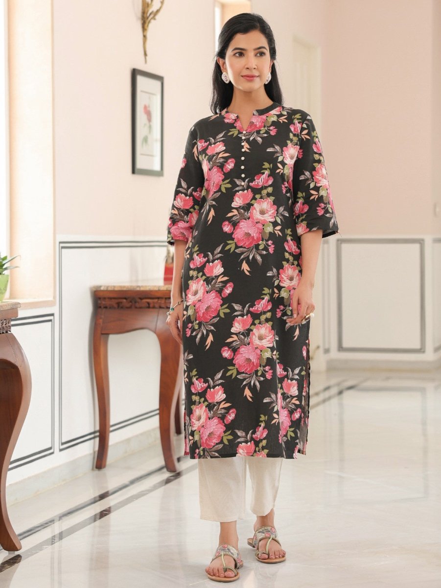 Aramya Straight Linen Cotton Floral Print Women's Kurta - Black