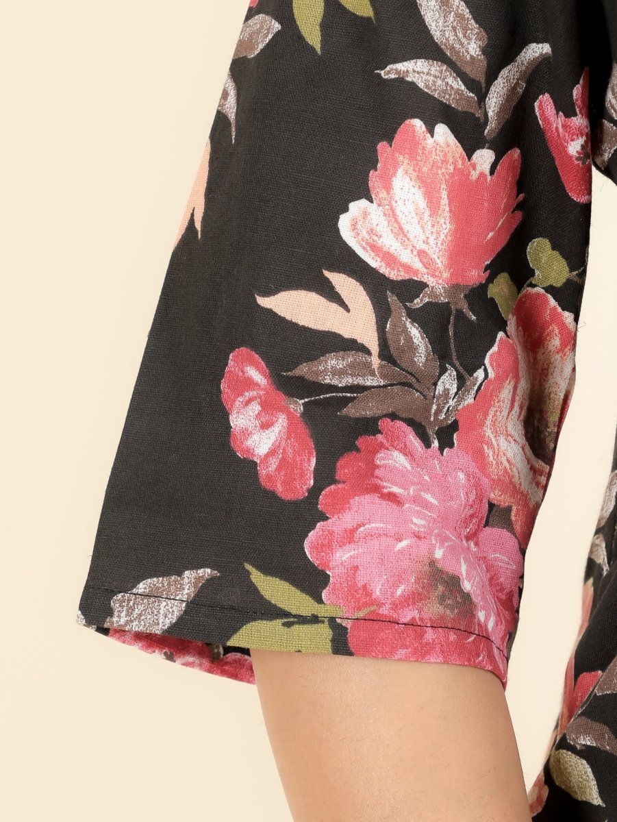Aramya Straight Linen Cotton Floral Print Women's Kurta - Black