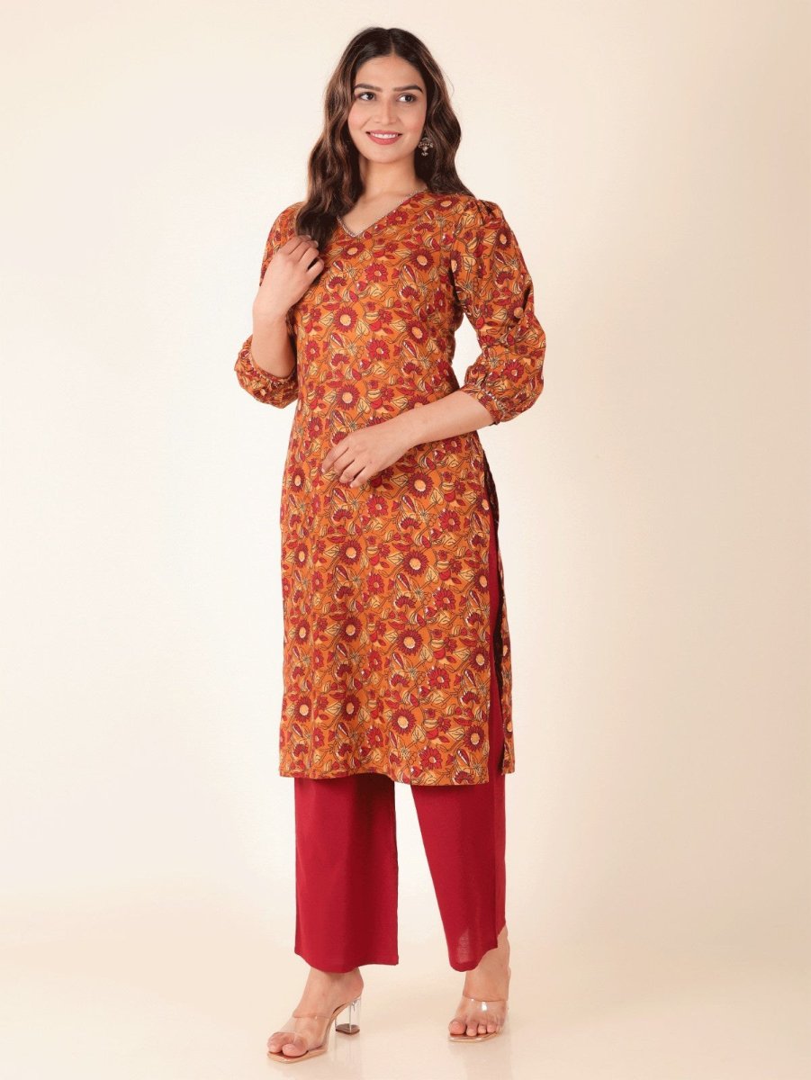Aramya Straight Soft Cotton Floral Print Women's Kurta - Yellow