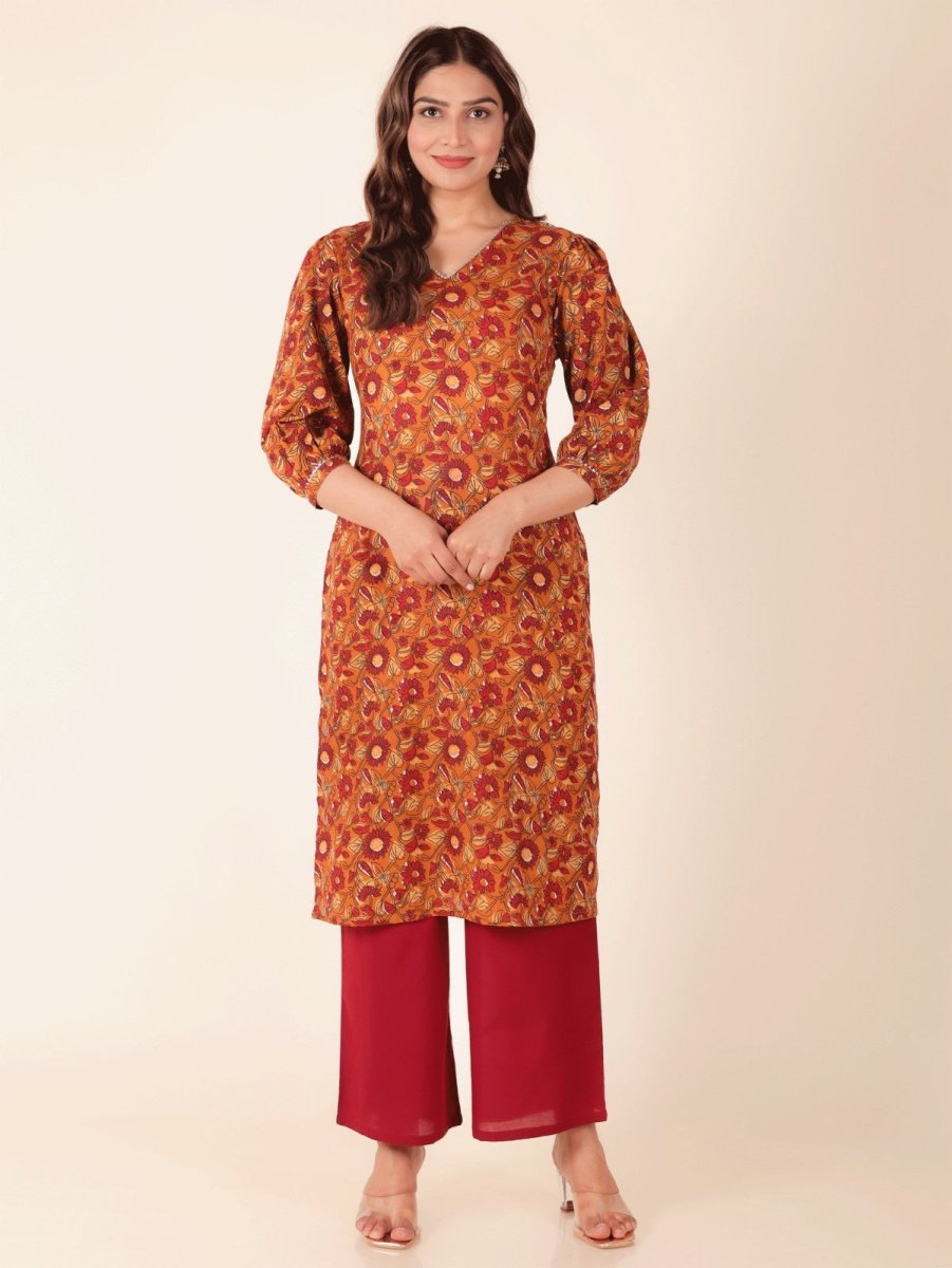 Aramya Straight Soft Cotton Floral Print Women's Kurta - Yellow