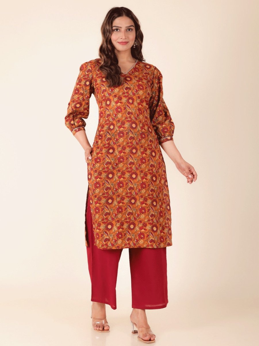 Aramya Straight Soft Cotton Floral Print Women's Kurta - Yellow