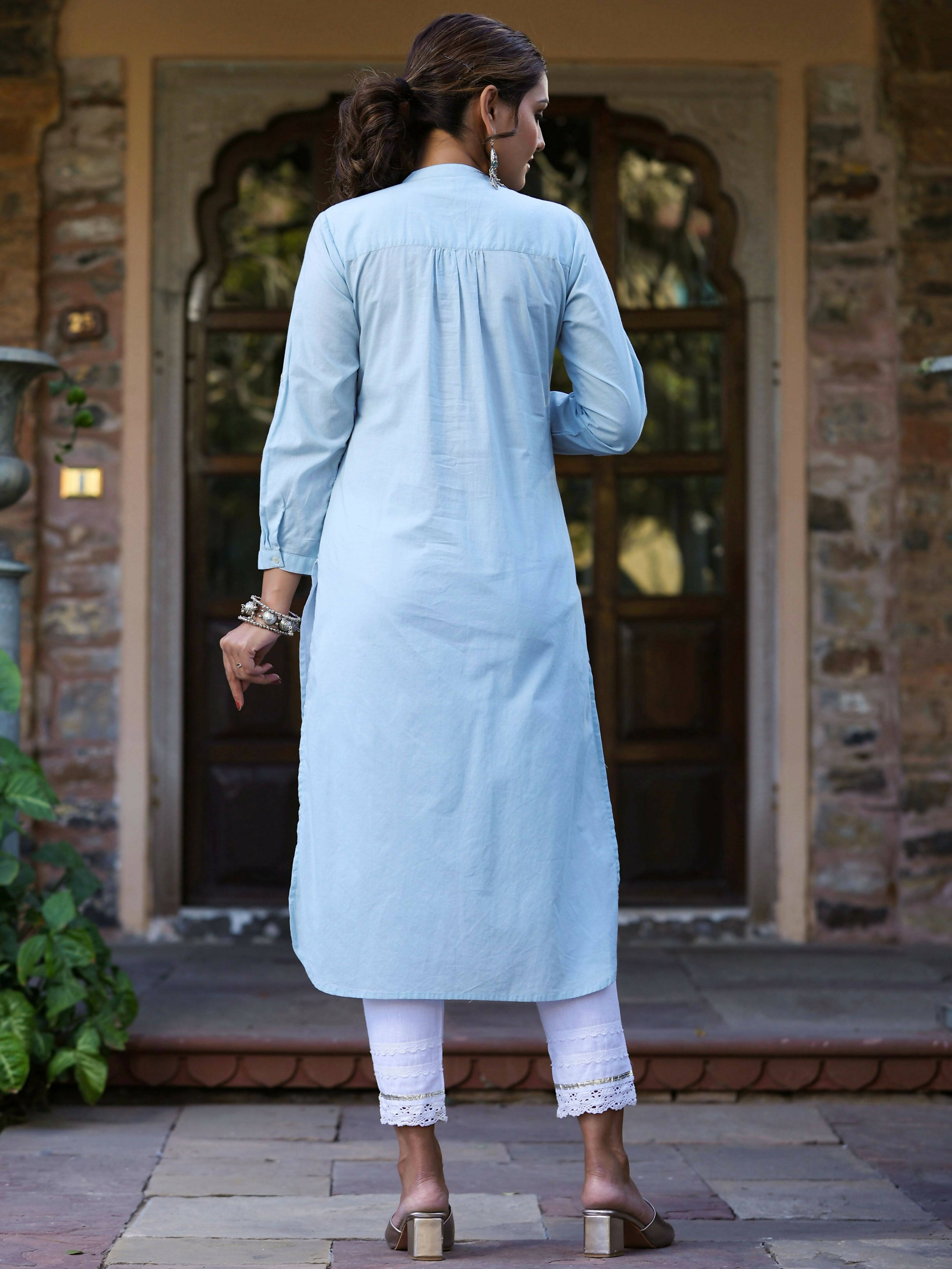 Juniper Women's Blue Cambric Embroidered Straight Kurta
