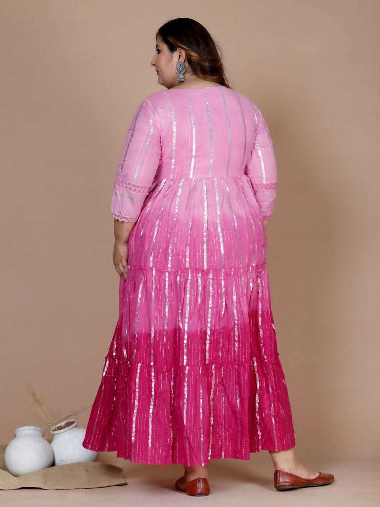 Miravan Women's Plus Size Cotton Embroidery And Lace Work Pink Party Wear Anarkali Kurta