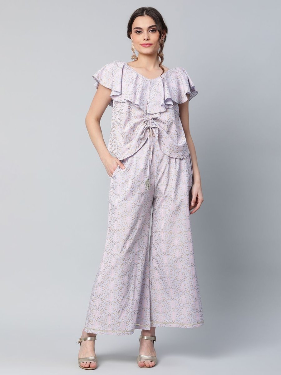 Ahalyaa Women Powder Blue Crepe Khari Printed Top with Palazzo Set